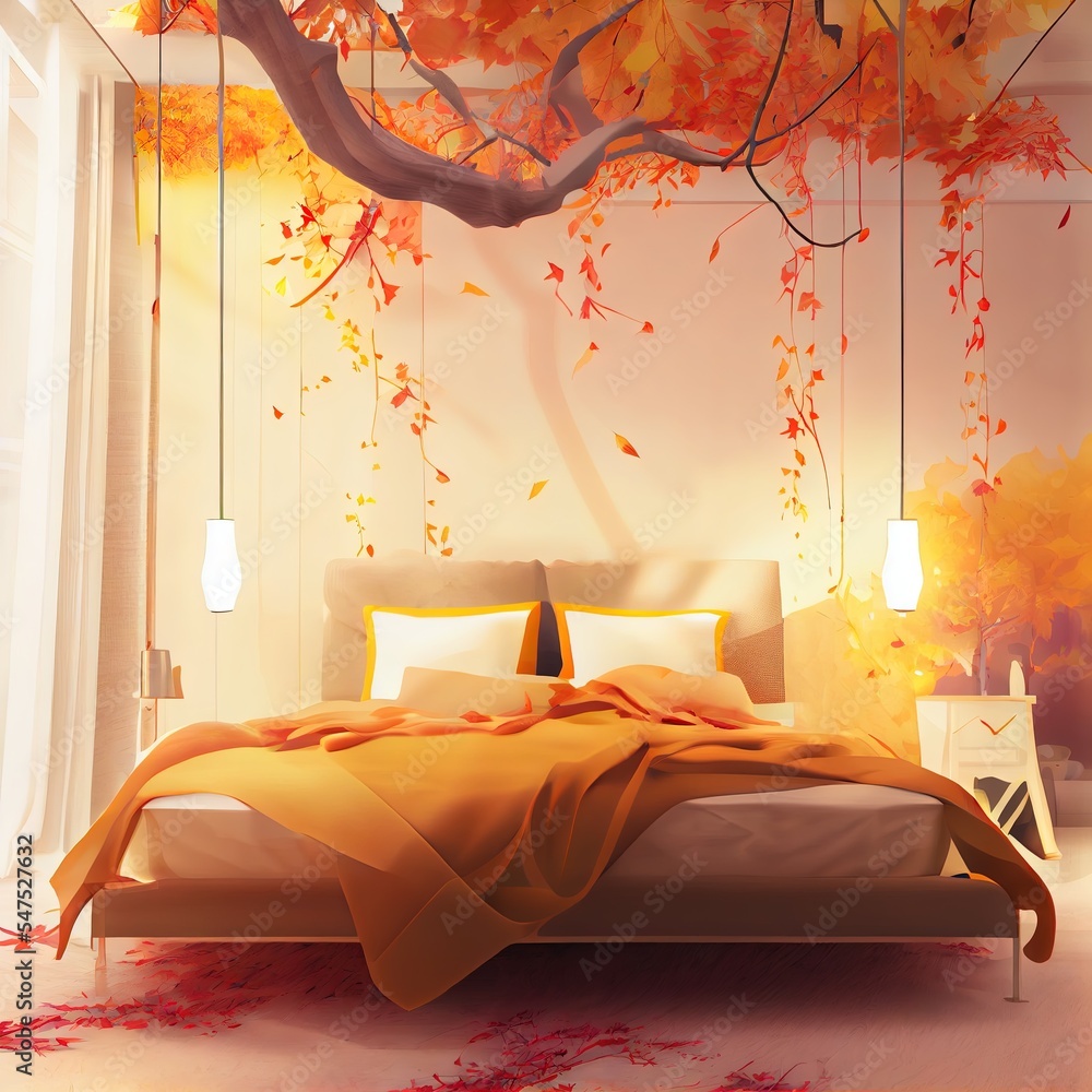 Orange yellow and red fall leaves, tree branch over interior design ...
