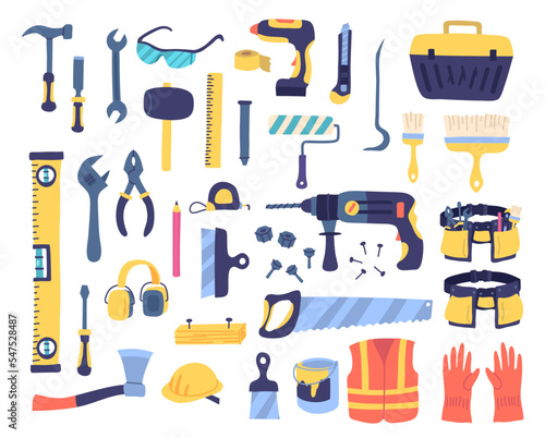 Vector construction repair tools set. House remodeling and fixing equipment. Water balance, axe, hammer, tool belt, drill, screws flat style illustration isolated on white background