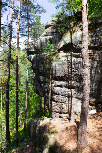 Beautiful sandstone Rocks in Czech Paradise, clear green Nature, Mala Skala, Little Rock, Czech Republic