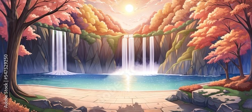 Art for anime series. Forest. Cloud. Waterfall. AI generated art illustration.