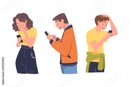 Man and Woman Character with Smartphone Reading Shock Content or News Vector Set