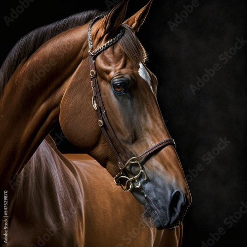 Schönes Araber Pferd im Profil isoliert auf schwarzem Hintergrund, generative ai technology 