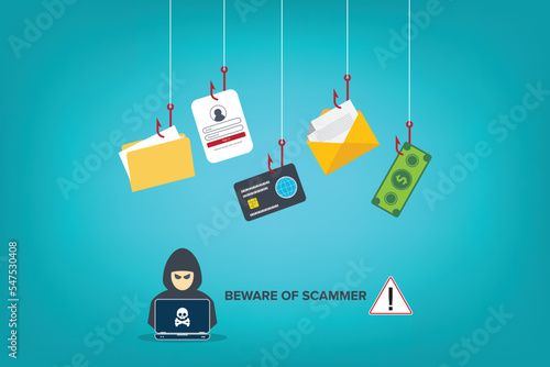 Beware of scammer. Hacker with laptop computer stealing confidential data, personal information and credit card detail. Hacking concept.