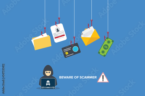 Beware of scammer. Hacker with laptop computer stealing confidential data, personal information and credit card detail. Hacking concept.