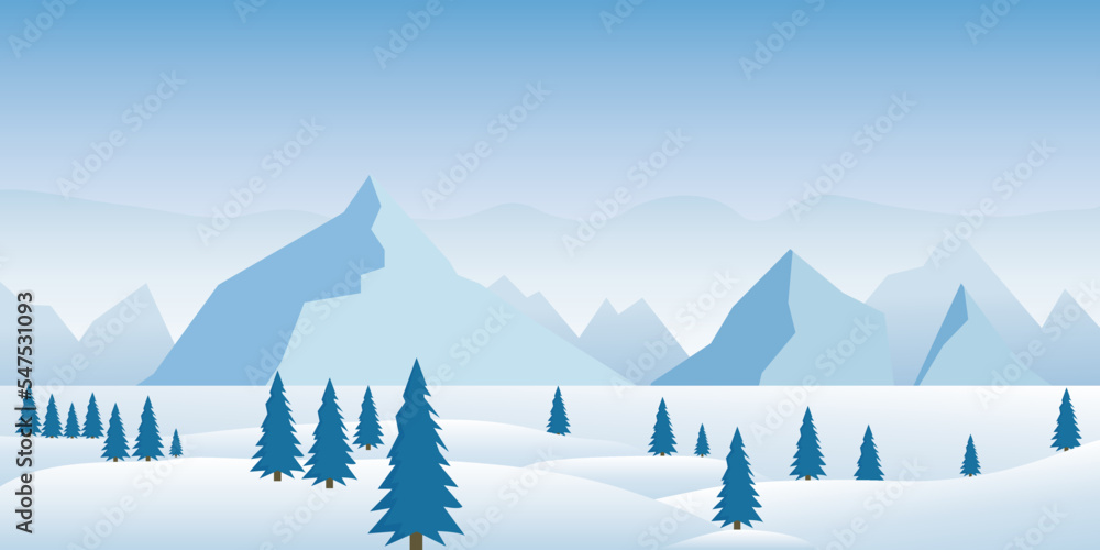 Gorgeous snowy mountain landscape. Winter Mountains landscape with pines and hills. Vector Illustration