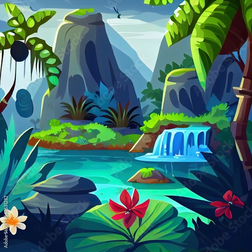 Fantasy landscape with oasis  tropical leaves  flowers  stone mountain. Art  nft NFT nonfungible token. illustration.