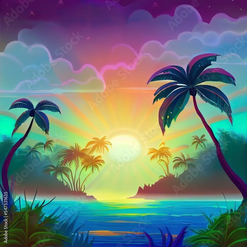 Tropical forest, palm trees, sea, sun rays. Fantasy seascape with palm trees, clouds, sunillustration, fog. NFT nonfungible token. illustration. © AkuAku