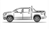 Outline illustration pickup truck, abstract silhouette on white background. Vehicle icons view from side. A hand drawn raster line art.