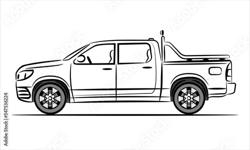 Outline illustration pickup truck, abstract silhouette on white background. Vehicle icons view from side. A hand drawn raster line art.
