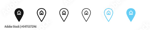 Pin home icon. House sign. Geo life place symbol. Black and blue color. Vector sign.
