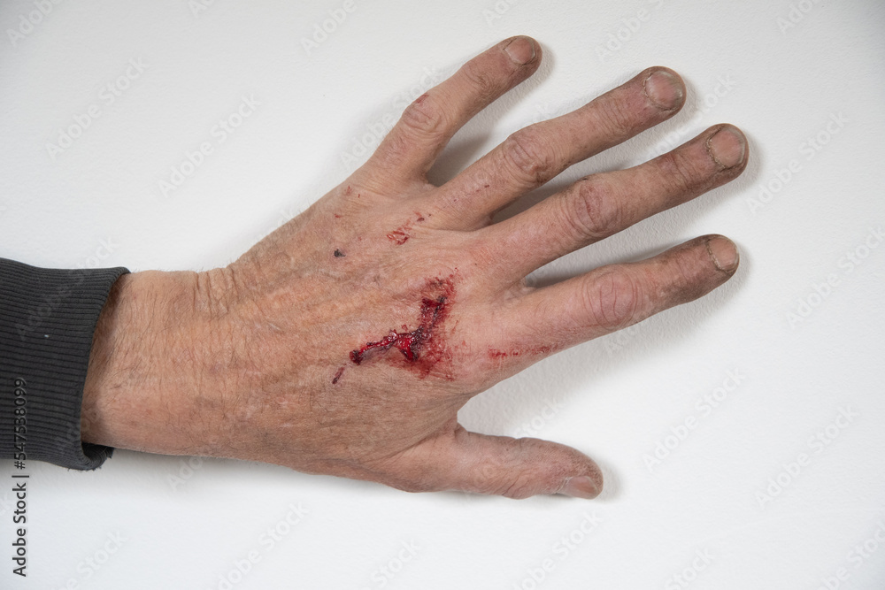 bloody and dirty left hand of a working man from the back, male worker bloody and dirty left hand of a working man from the back, male worker