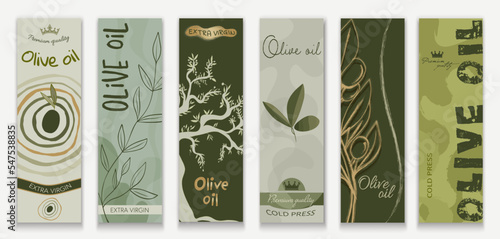 Set - template of labels or stickers for bottles or cans of tin or packaging of Vegetable Olive Oil. Modern trendy graphic design with olives leaves tree and olive twigs. Editable vector