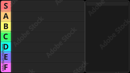 Tier list template. Ranking screen with tiers grid and sorting box frame. Tiers from S to F vector 16x9 layout photo
