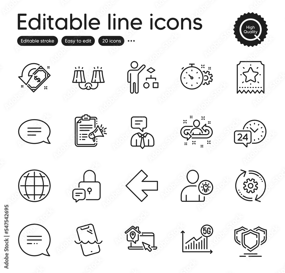 Set of Technology outline icons. Contains icons as Algorithm, Sconce light and Cashback elements. User idea, Chat, Loyalty ticket web signs. Shields, Work home, 5g statistics elements. Vector Set of Technology outline icons. Contains icons as Algorithm, Sconce light and Cashback elements. User idea, Chat, Loyalty ticket web signs. Shields, Work home, 5g statistics elements. Vector