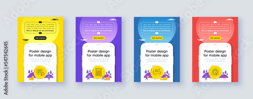 Simple set of 360 degrees, Calculator and Fake news line icons. Poster offer design with phone interface mockup. Include Atom icons. For web, application. Vector