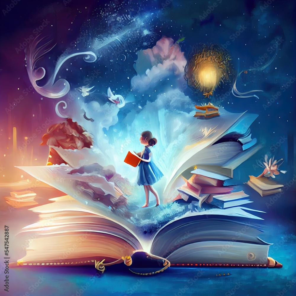 Book of Imagination and a girl. Fantasy art. Concept idea of education ...