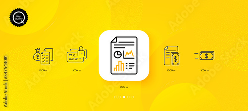 Money transfer, Card and Report document minimal line icons. Yellow abstract background. Accounting wealth, Payment icons. For web, application, printing. Vector