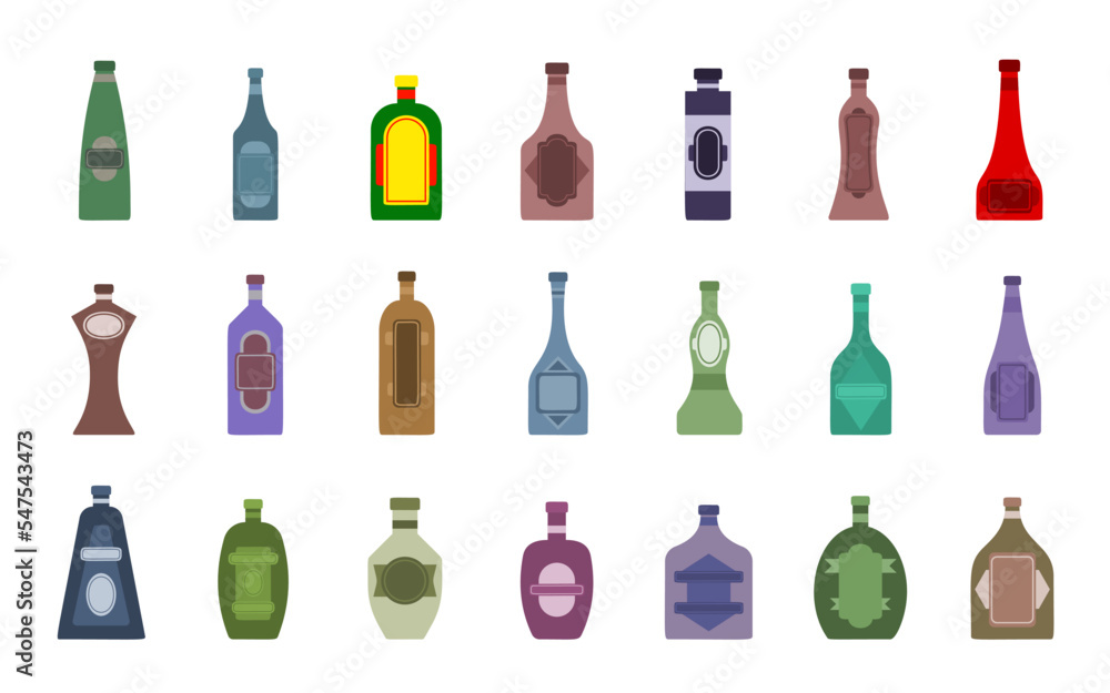 Bottle of alcohol beverage cartoon icon set. Restaurant pub jar symbol