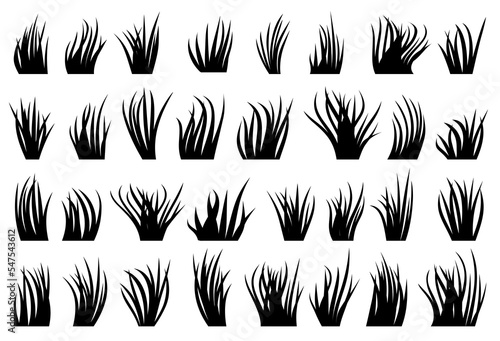 Grass natural organic lawn black silhouette set. Different shape eco plant fresh bush spring herbal turf on white background. Contour bio herb meadow. Greenery leaves cartoon foliage landscape border