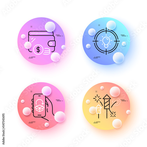 Idea, Delivery app and Wallet minimal line icons. 3d spheres or balls buttons. Fireworks rocket icons. For web, application, printing. Solution, Return package, Cash money. Pyrotechnic salute. Vector