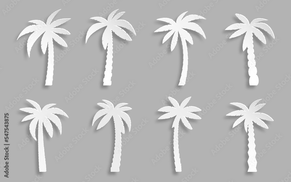 Obraz premium Palm tree paper cut set. Beautiful exotic tropical sign. Beach plants with leaves and trunk. Coconut jungle cultivated gardening. Exotic tree for natural vacation poster banner, Hawaiian travel card