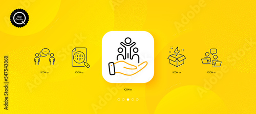 Consulting business, Teamwork and Inclusion minimal line icons. Yellow abstract background. Analytics chart, Creative idea icons. For web, application, printing. Vector