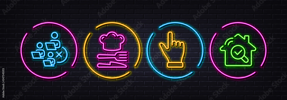 Click hand, Remove team and Food minimal line icons. Neon laser 3d lights. Inspect icons. For web, application, printing. Direction finger, Networking, Chef hat. Search building. Vector