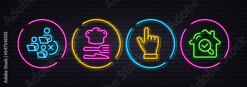 Click hand, Remove team and Food minimal line icons. Neon laser 3d lights. Inspect icons. For web, application, printing. Direction finger, Networking, Chef hat. Search building. Vector
