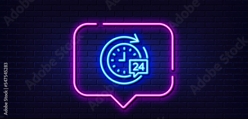 Neon light speech bubble. 24 hours delivery line icon. Time or stopwatch sign. Neon light background. 24h delivery glow line. Brick wall banner. Vector