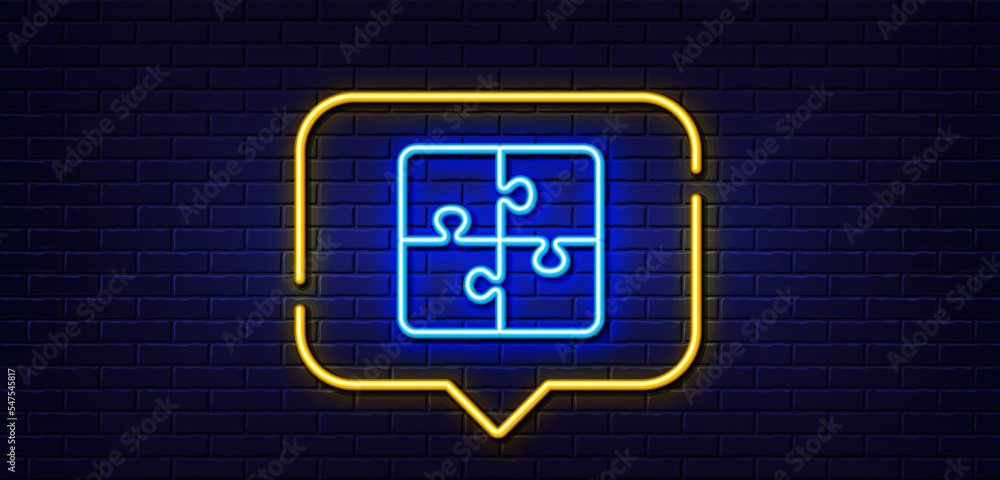 Neon light speech bubble. Puzzle line icon. Engineering strategy sign. Neon light background. Puzzle glow line. Brick wall banner. Vector Neon light speech bubble. Puzzle line icon. Engineering strategy sign. Neon light background. Puzzle glow line. Brick wall banner. Vector