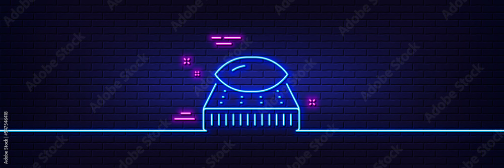 Neon light glow effect. Mattress with pillow line icon. Orthopedic pad sign. Breathable sleep bed symbol. 3d line neon glow icon. Brick wall banner. Mattress outline. Vector Neon light glow effect. Mattress with pillow line icon. Orthopedic pad sign. Breathable sleep bed symbol. 3d line neon glow icon. Brick wall banner. Mattress outline. Vector