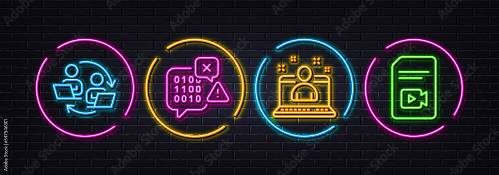 Binary code, Teamwork process and Best manager minimal line icons. Neon laser 3d lights. Video file icons. For web, application, printing. Programming chat, Remote work, Best developer. Vector