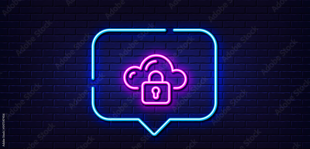 Neon light speech bubble. Cloud computing protection line icon. Internet data storage sign. File hosting technology symbol. Neon light background. Cloud protection glow line. Brick wall banner. Vector Neon light speech bubble. Cloud computing protection line icon. Internet data storage sign. File hosting technology symbol. Neon light background. Cloud protection glow line. Brick wall banner. Vector