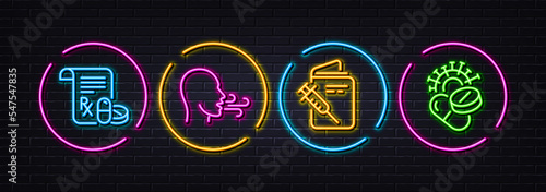 Medical prescription, Vaccination passport and Breathing exercise minimal line icons. Neon laser 3d lights. Coronavirus pills icons. For web, application, printing. Vector
