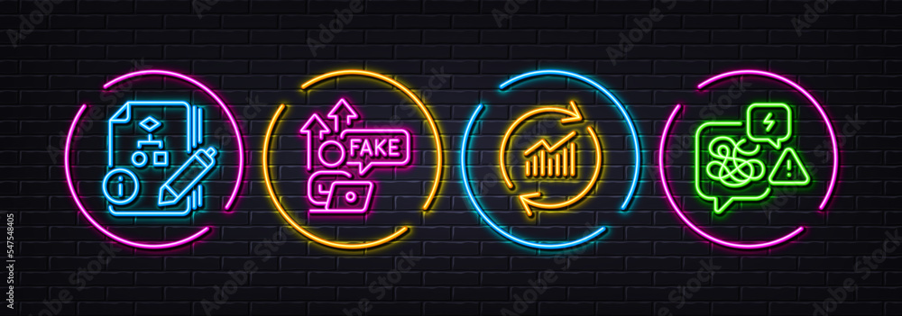 Update data, Fake internet and Algorithm minimal line icons. Neon laser 3d lights. Stress icons. For web, application, printing. Sales statistics, Wrong information, Project. Messy anxiety. Vector