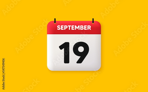 Calendar date 3d icon. 19th day of the month icon. Event schedule date. Meeting appointment time. Agenda plan, September month schedule 3d calendar and Time planner. 19th day day reminder. Vector