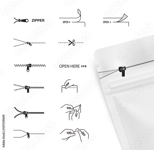 A set of icons for zippers and scissors. Set for packs, shows the place of opening. EPS10.	