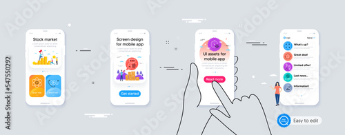 Atom core, Freezing timer and Chemistry lab minimal line icons. Phone ui interface. Cold-pressed oil, 360 degree, Fireworks icons. Safe planet, Money currency, Biometric security web elements. Vector