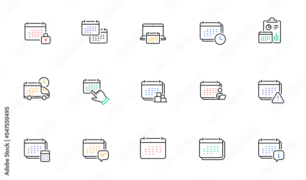 Calendar line icons. Schedule appointment, Event date, Time planner line icons. Account report, Delivery schedule and Diary planner. Event calendar, Deadline notification and month report. Vector Calendar line icons. Schedule appointment, Event date, Time planner line icons. Account report, Delivery schedule and Diary planner. Event calendar, Deadline notification and month report. Vector