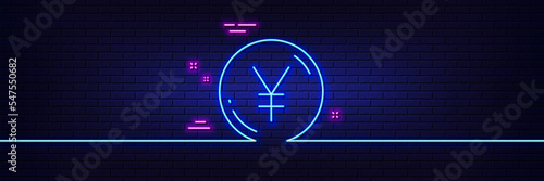Neon light glow effect. Yen money line icon. Jpy currency sign. Cash coin symbol. 3d line neon glow icon. Brick wall banner. Yen money outline. Vector