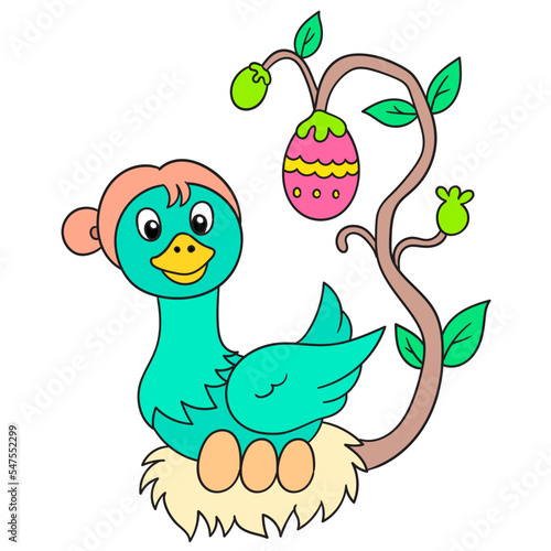 Vector illustration of a cute cartoon bird laying eggs
