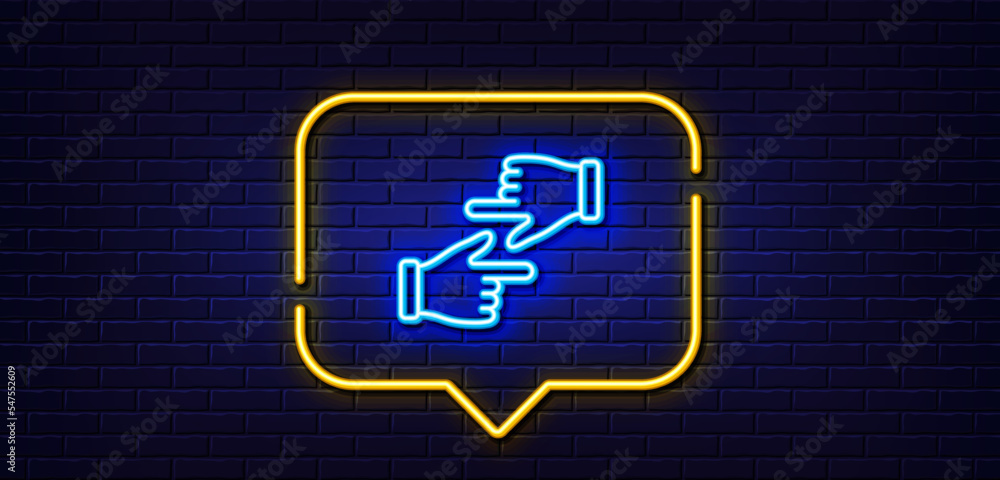 Neon light speech bubble. Click hands line icon. One finger palm sign. Direction gesture symbol. Neon light background. Click hands glow line. Brick wall banner. Vector Neon light speech bubble. Click hands line icon. One finger palm sign. Direction gesture symbol. Neon light background. Click hands glow line. Brick wall banner. Vector