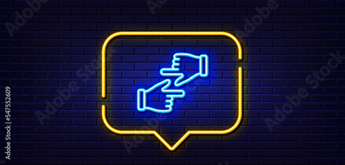 Neon light speech bubble. Click hands line icon. One finger palm sign. Direction gesture symbol. Neon light background. Click hands glow line. Brick wall banner. Vector