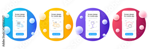 Minimal set of Frying pan, Bordeaux glass and Food delivery line icons for web development. Phone ui interface mockup with balls. Cooking timer icons. Cooking timer, Wine glass, Meal order. Vector