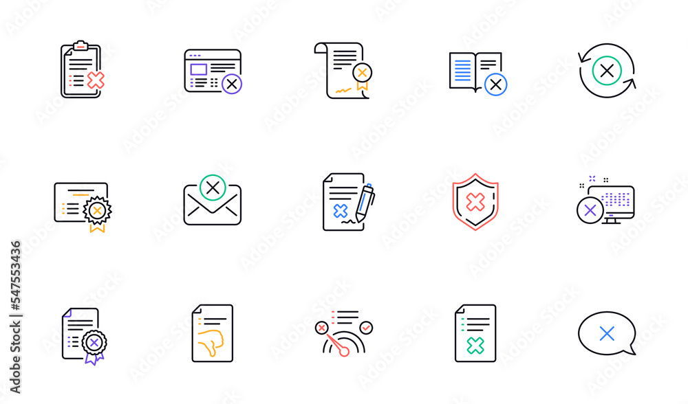 Reject line icons. Decline, Cancel and Dislike. Disapprove linear icon set. Bicolor outline web elements. Vector Reject line icons. Decline, Cancel and Dislike. Disapprove linear icon set. Bicolor outline web elements. Vector