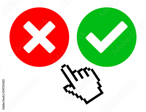 Mouse pointer hand choosing between agree and disagree answer buttons, vector illustration.