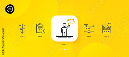 Online shopping, Approved report and Leadership minimal line icons. Yellow abstract background. Uv protection, Recovery ssd icons. For web, application, printing. Vector