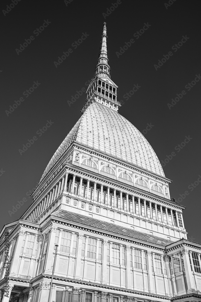 Turin, Piedmont, Italy: Mole Antonelliana, previous synagogue, now the National Museum of Cinema, the tallest museum in the world, built between 1863 and 1889 in black and white