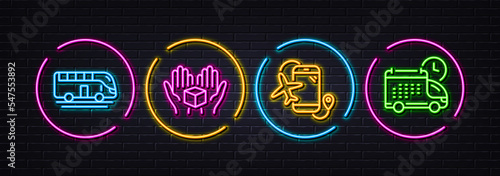 Flights application, Hold box and Bus tour minimal line icons. Neon laser 3d lights. Delivery icons. For web, application, printing. Airport app, Delivery parcel, Transport. Cargo schedule. Vector