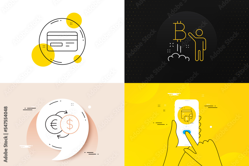 Minimal set of Credit card, Money exchange and Bitcoin project line icons. Phone screen, Quote banners. Wallet icons. For web development. Card payment, Eur to usd, Cryptocurrency startup. Vector Minimal set of Credit card, Money exchange and Bitcoin project line icons. Phone screen, Quote banners. Wallet icons. For web development. Card payment, Eur to usd, Cryptocurrency startup. Vector
